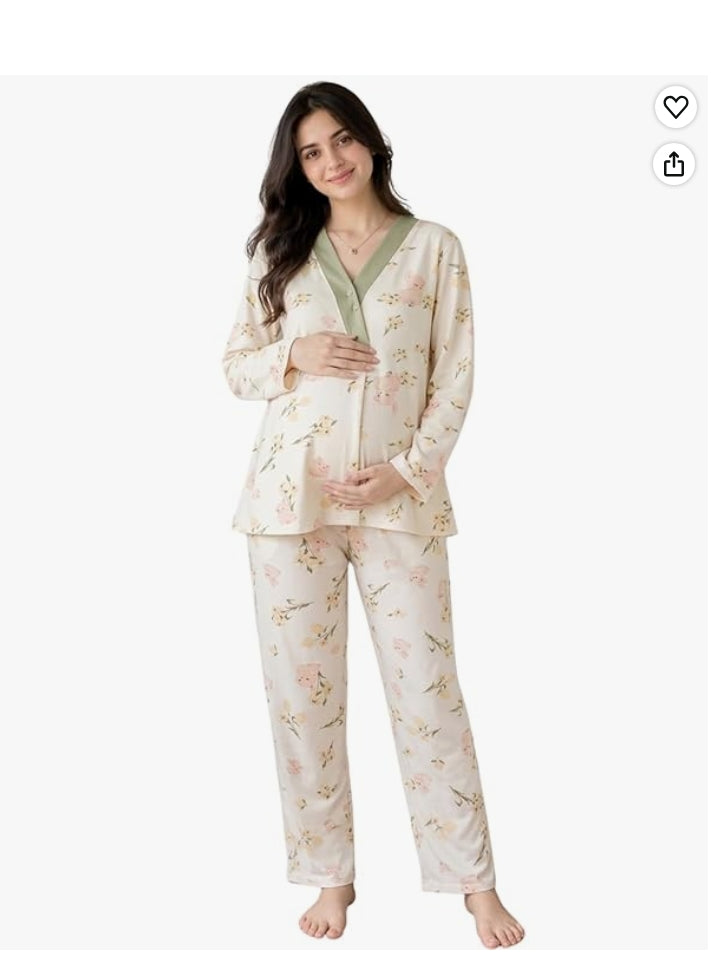 Soft Cotton Blend Nursing Sleepwear for Pregnancy & Breastfeeding |Breastfeeding Friendly Front Open Top & Soft Pants