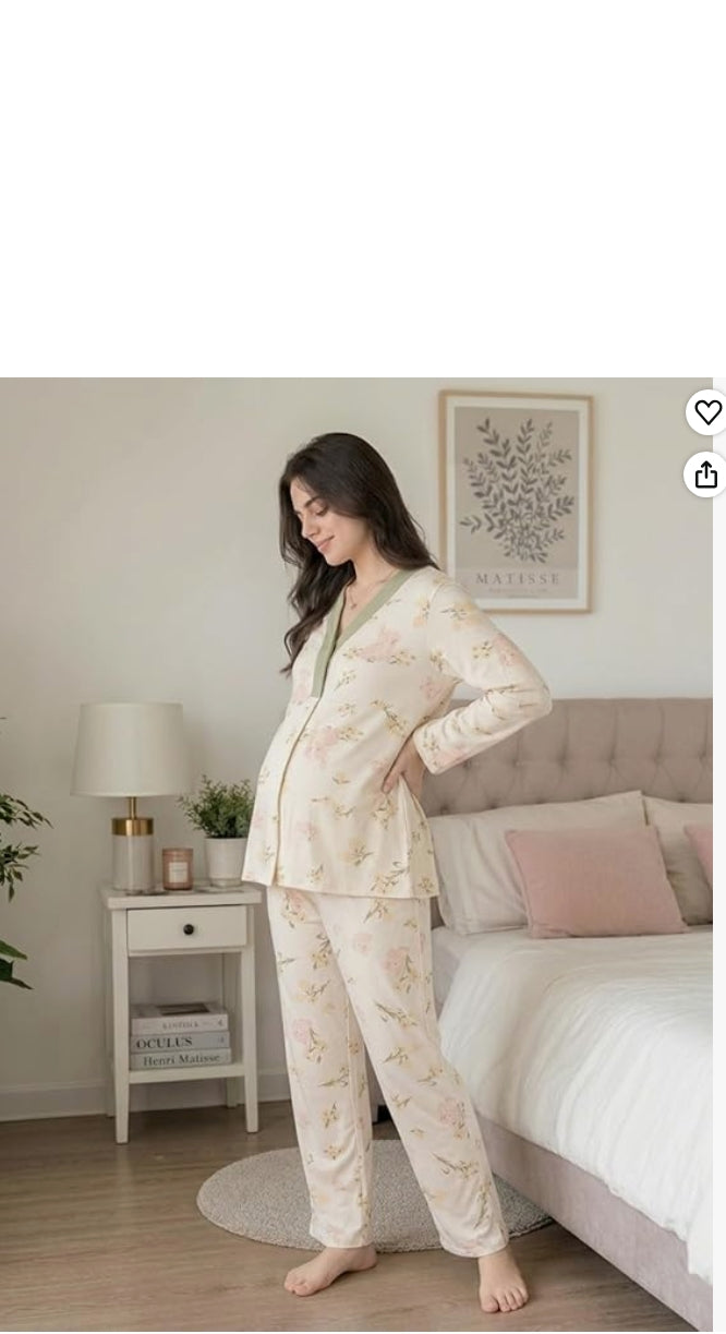 Soft Cotton Blend Nursing Sleepwear for Pregnancy & Breastfeeding |Breastfeeding Friendly Front Open Top & Soft Pants