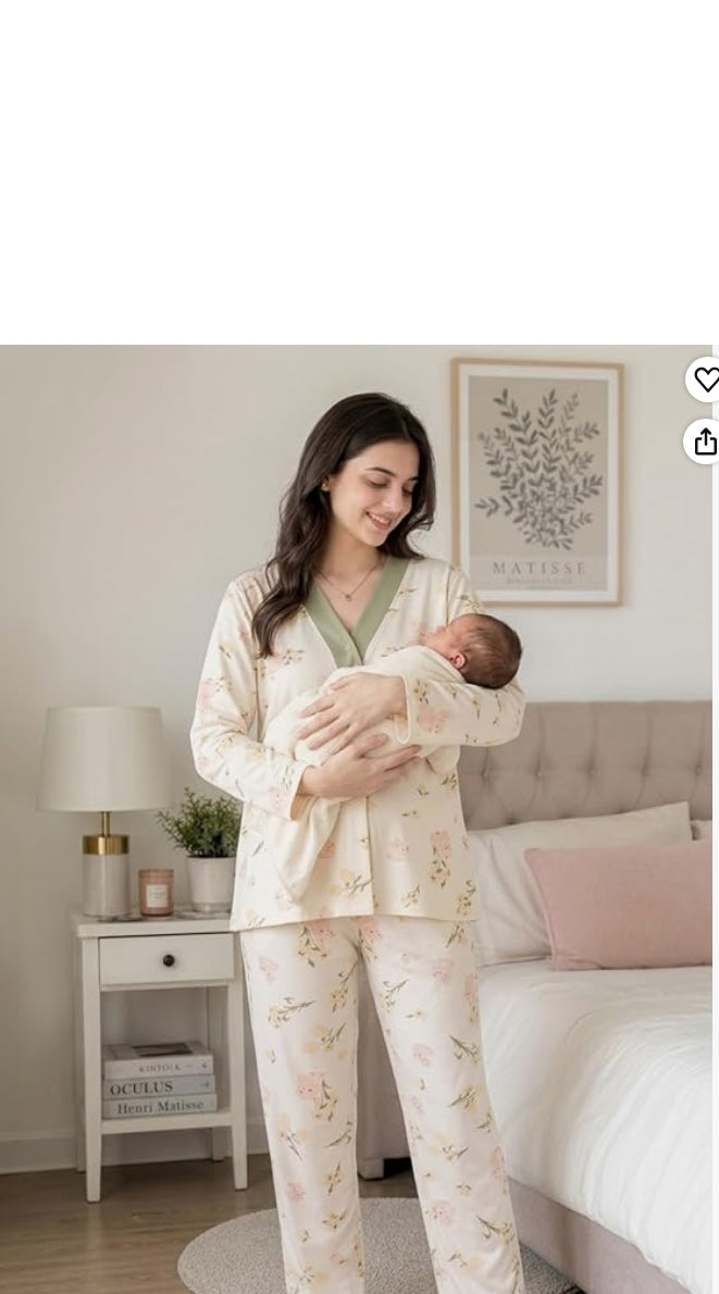 Soft Cotton Blend Nursing Sleepwear for Pregnancy & Breastfeeding |Breastfeeding Friendly Front Open Top & Soft Pants